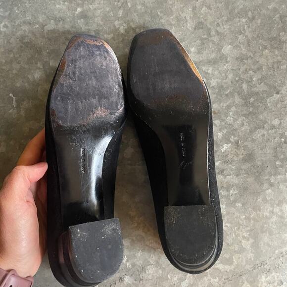 Vintage Salvatore Ferragamo Florence Suede Geometric Block Heel 10 Black Leather - Picture 7 of 9